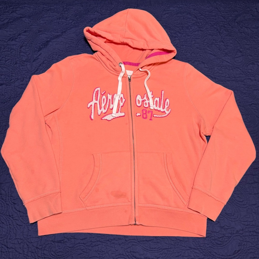 Aeropostale Womens XL Coral Pink Full Zip Logo Hoodie Sweatshirt 87 Fleece Read